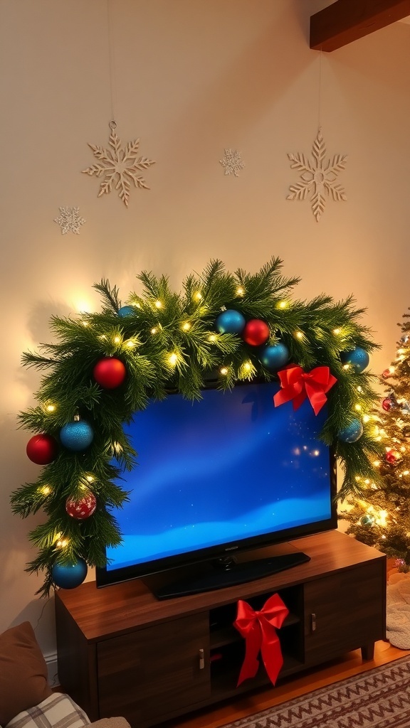 A festive TV area with garland, string lights, and ornaments for Christmas decoration.